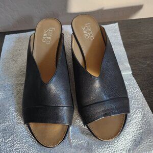 Franco Sarto Sandal Women's 8.5M Black Leather Dublin Slide Peep Toe Wedge Heel